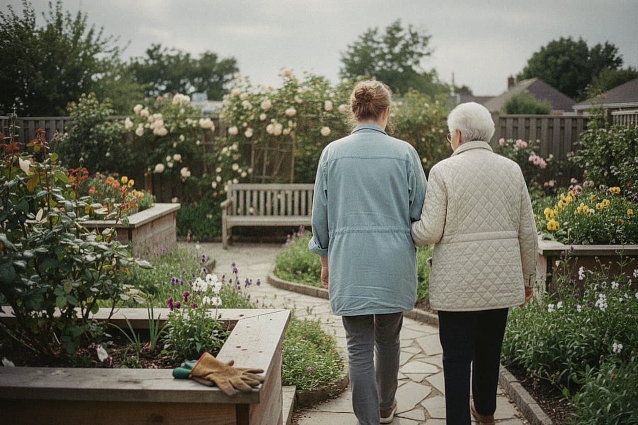 Elderly woman and caregiver walk arm-in-arm
