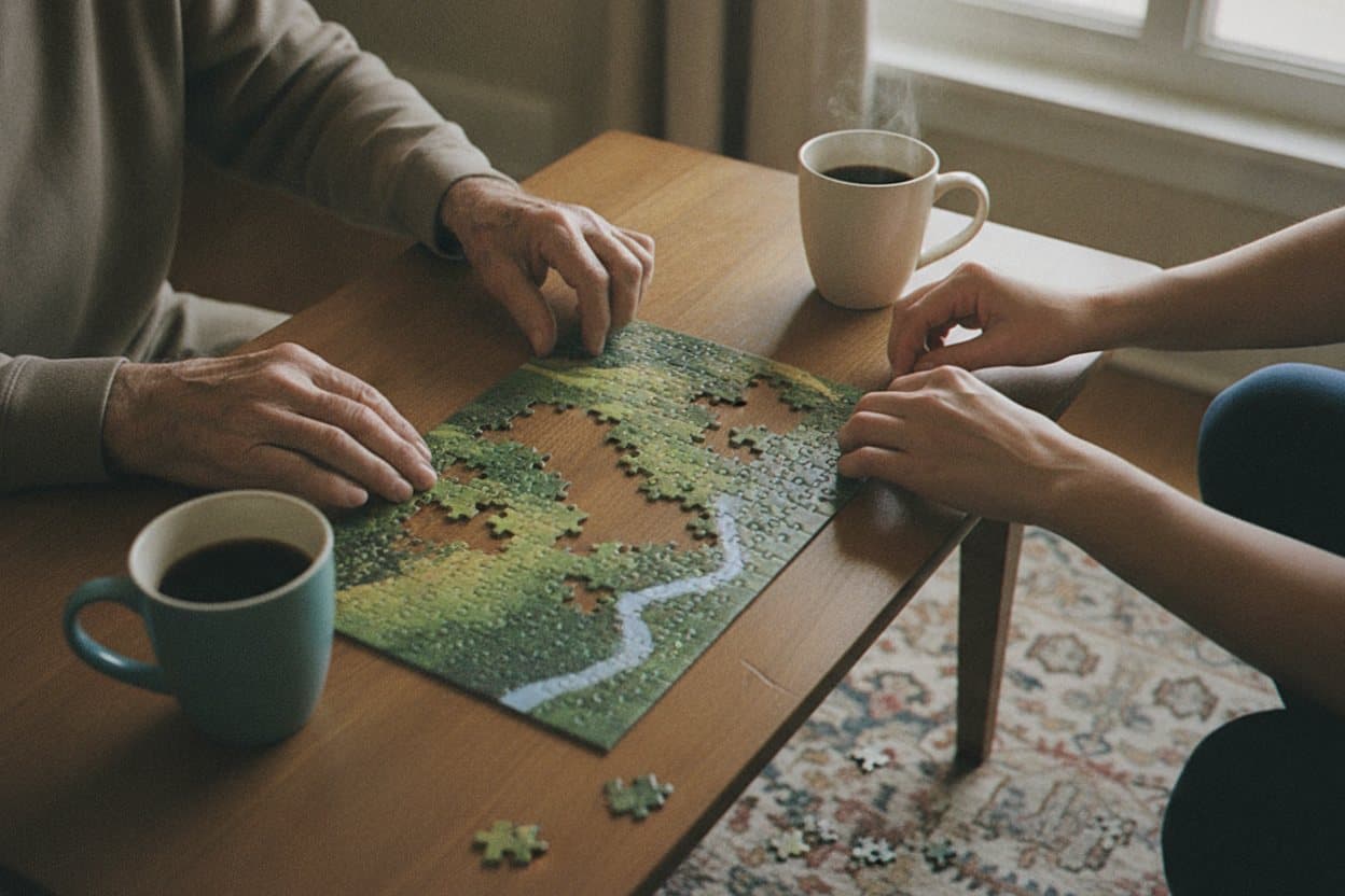 Two people assembling puzzle pieces together