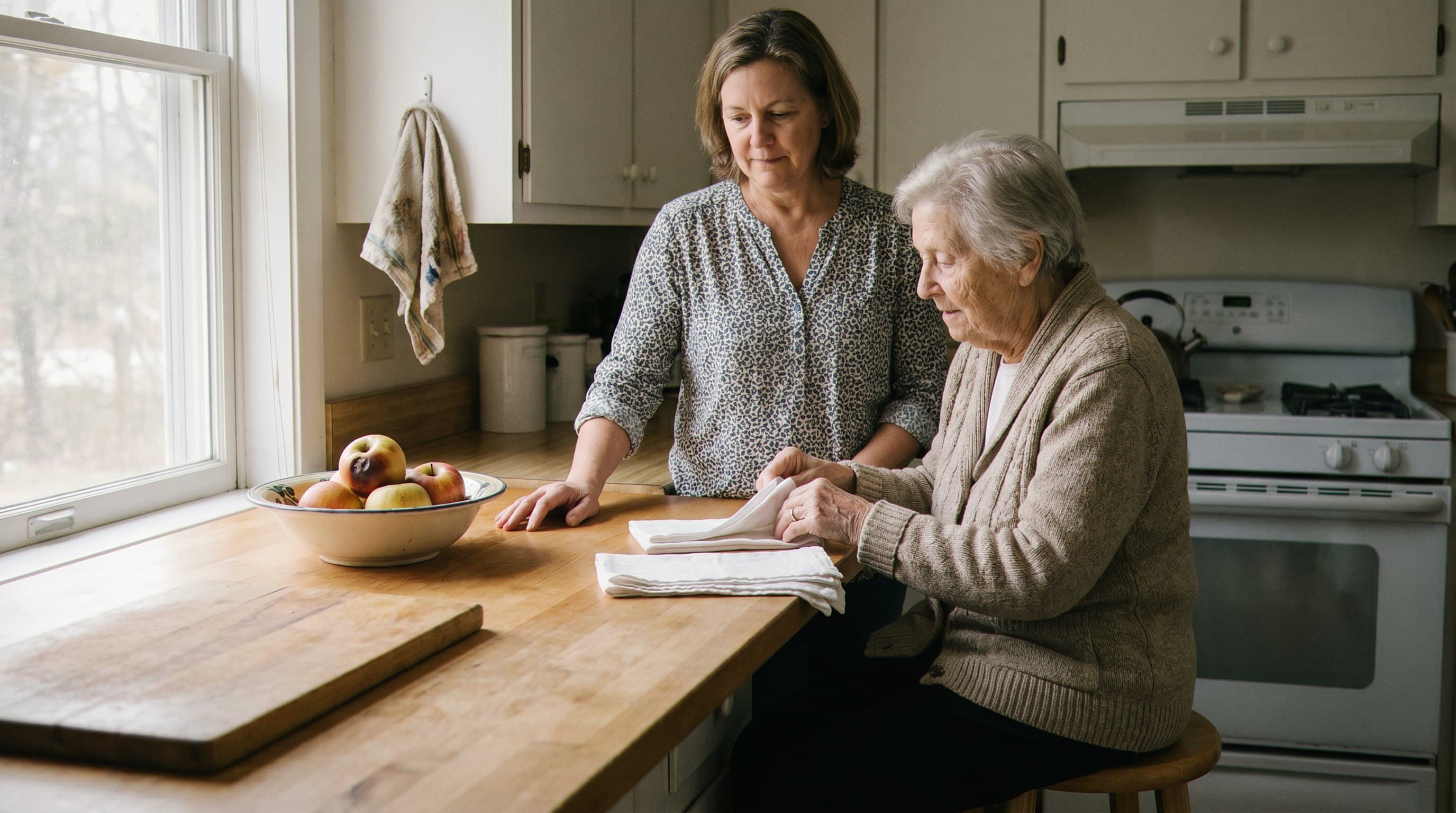 Elderly woman in bright familiar kitchen