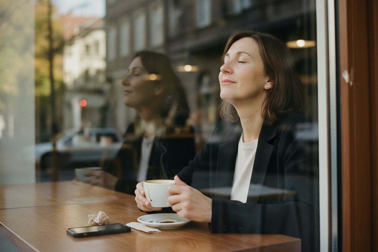 Woman relaxes peacefully with coffee mug