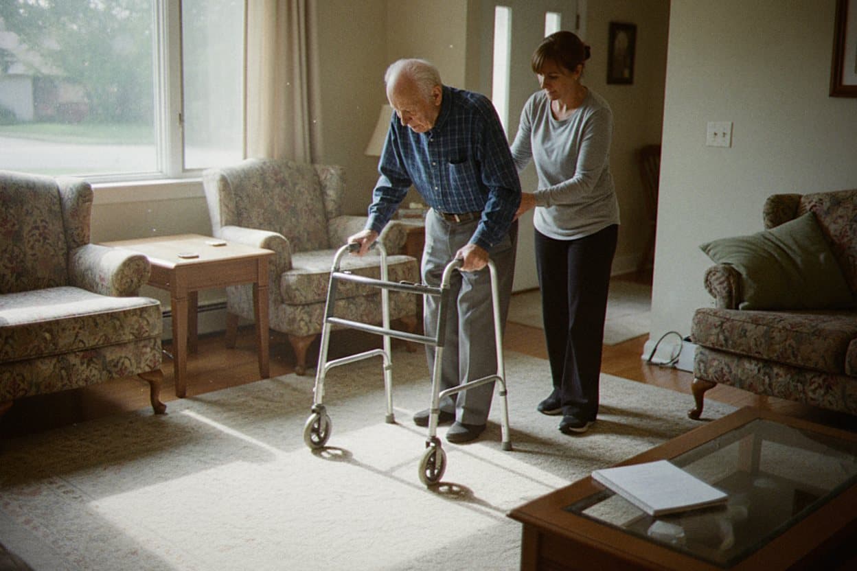Woman practices walking with walker safely